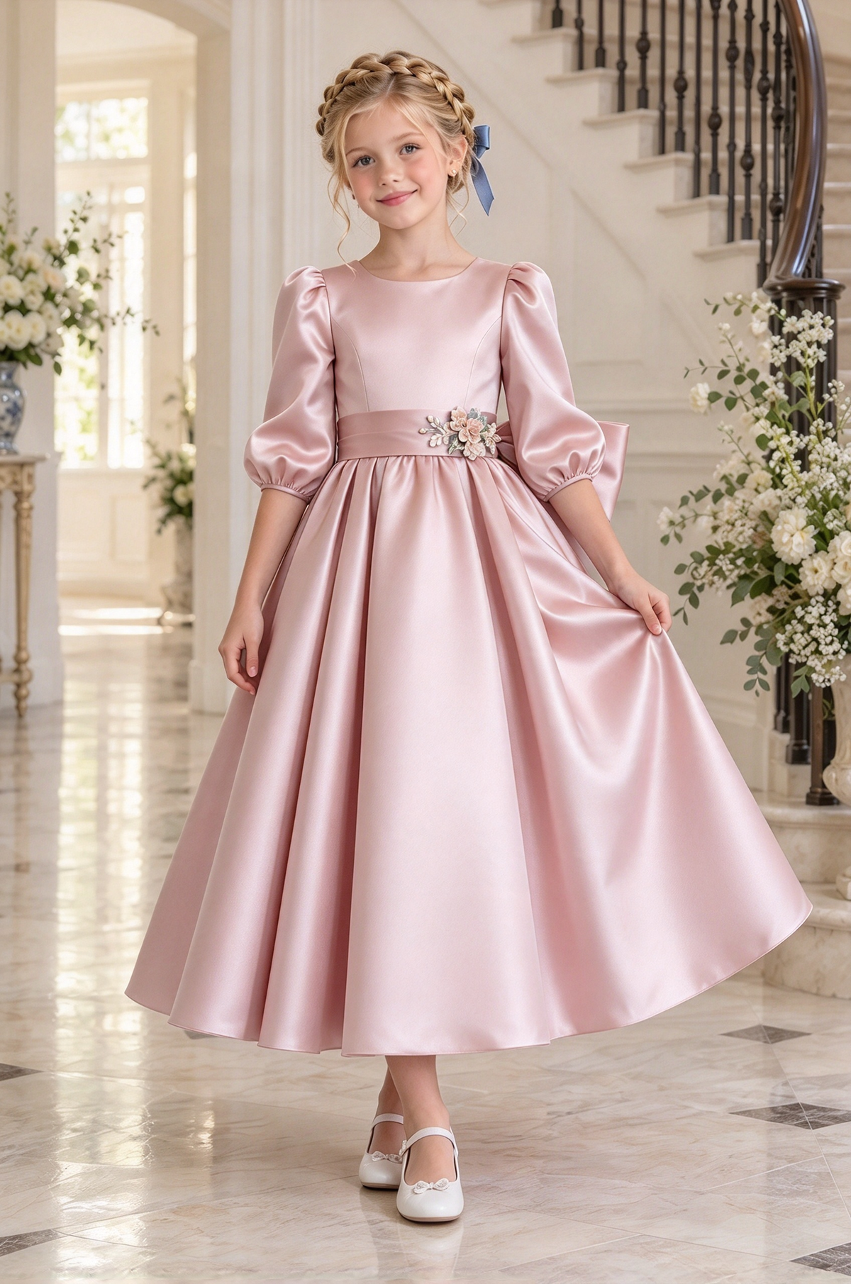 Dusty Blue Satin Big Bow Puff Sleeve A-Line Dress