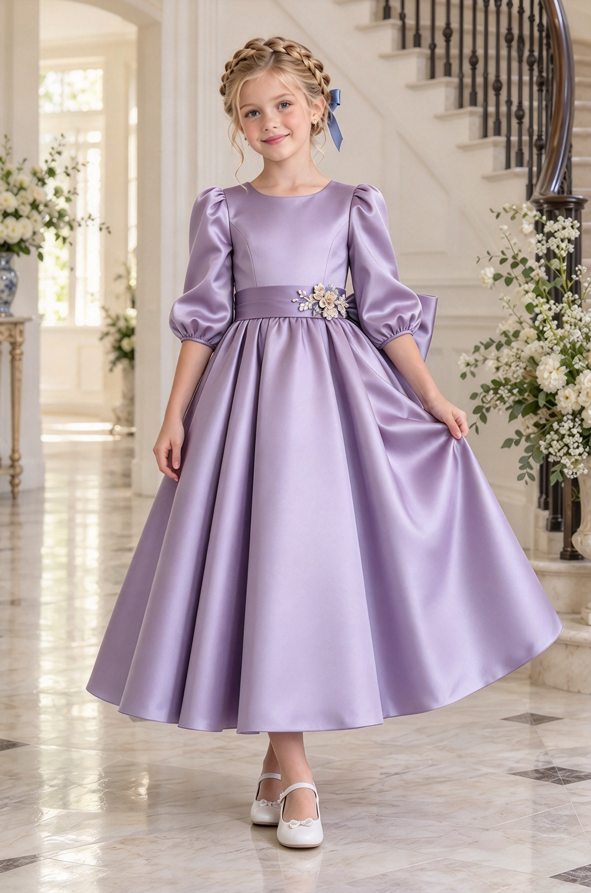 Dusty Blue Satin Big Bow Puff Sleeve A-Line Dress