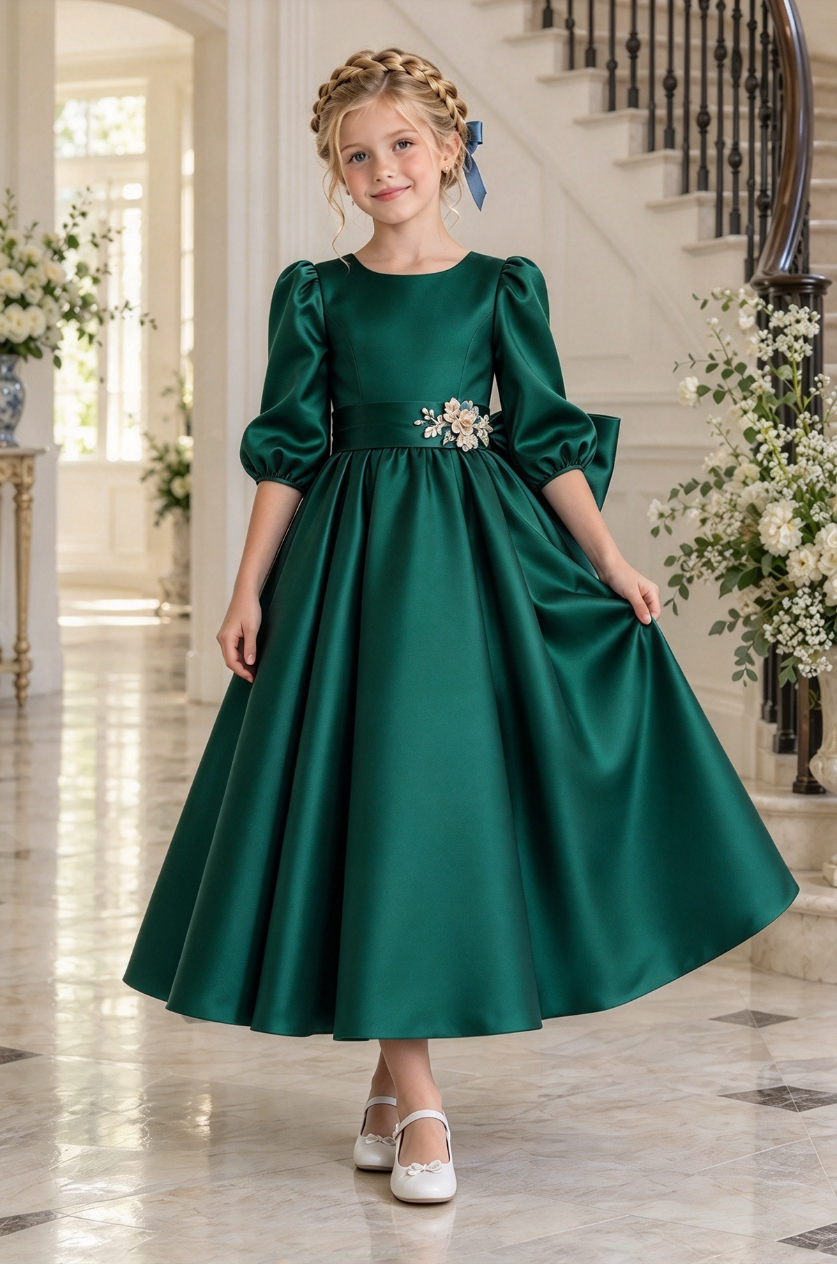 Dusty Blue Satin Big Bow Puff Sleeve A-Line Dress