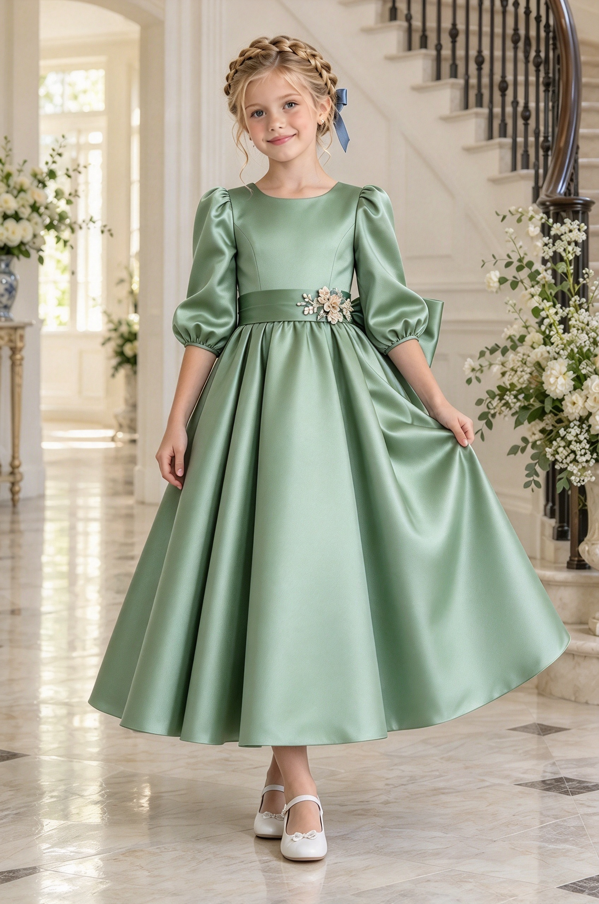 Dusty Blue Satin Big Bow Puff Sleeve A-Line Dress