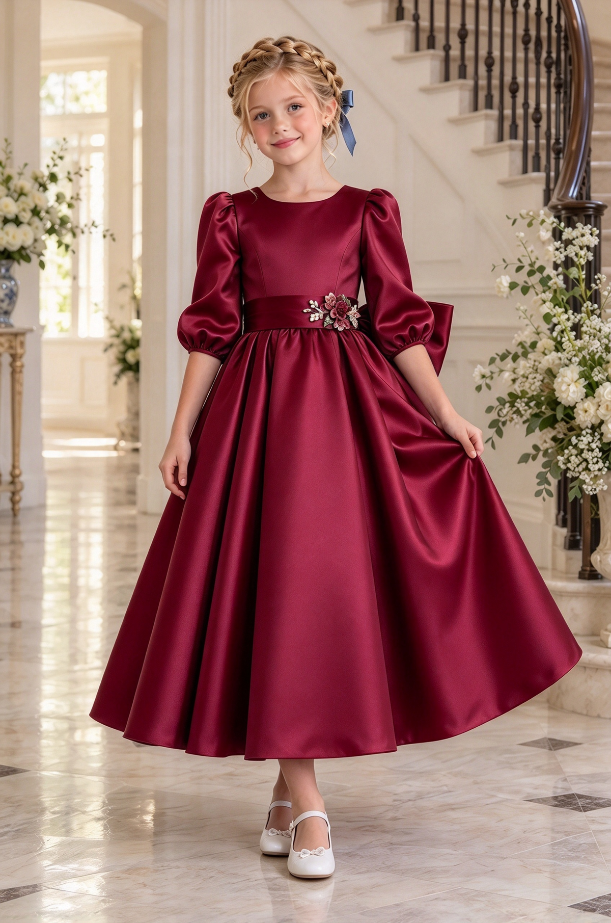 Dusty Blue Satin Big Bow Puff Sleeve A-Line Dress