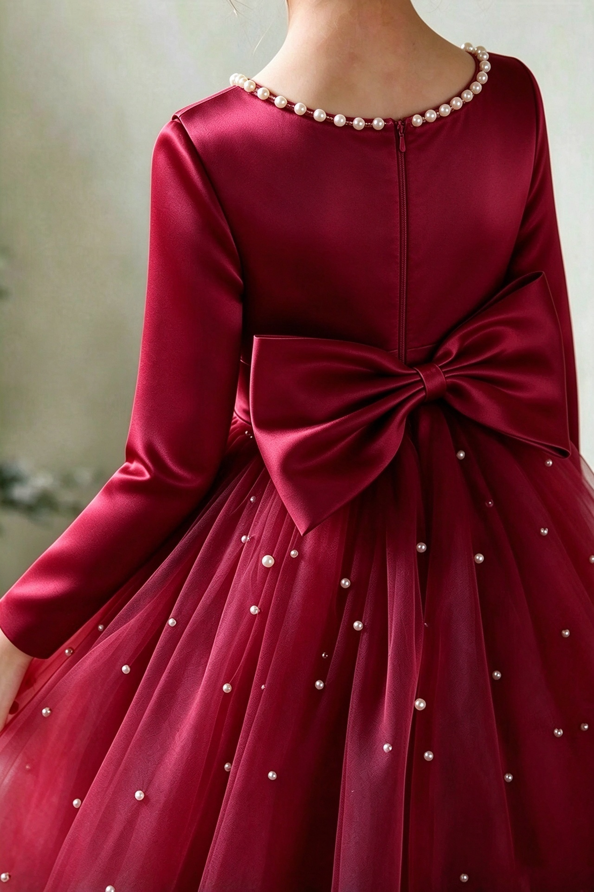 Burgundy Satin Long Sleeve Pearl Bow Tulle A-Line Dress