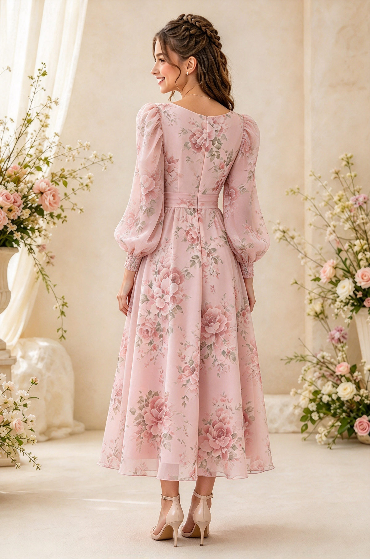 Light Pink Floral Chiffon Long Puff Sleeve A-Line Dress