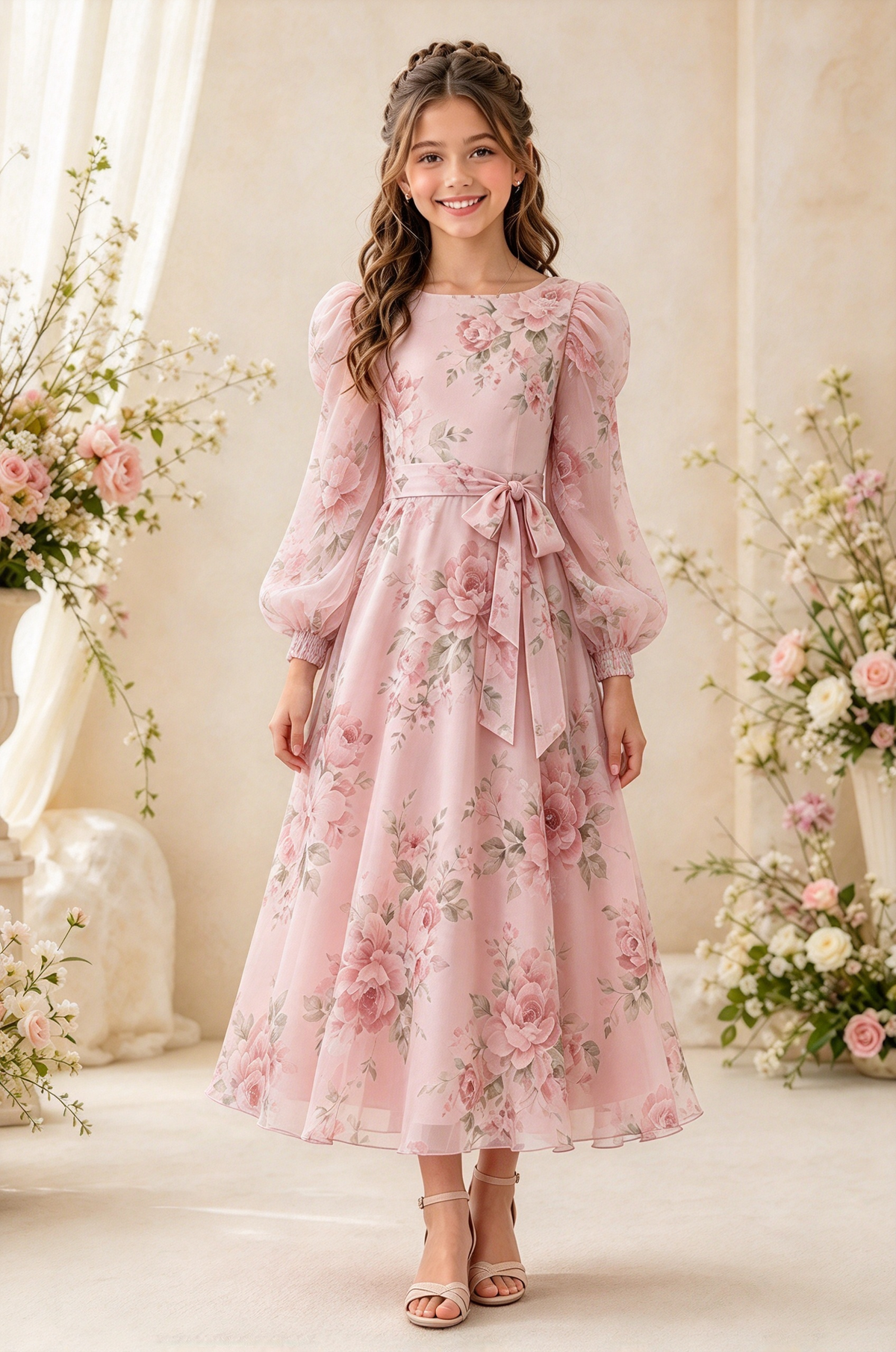 Light Pink Floral Chiffon Long Puff Sleeve A-Line Dress