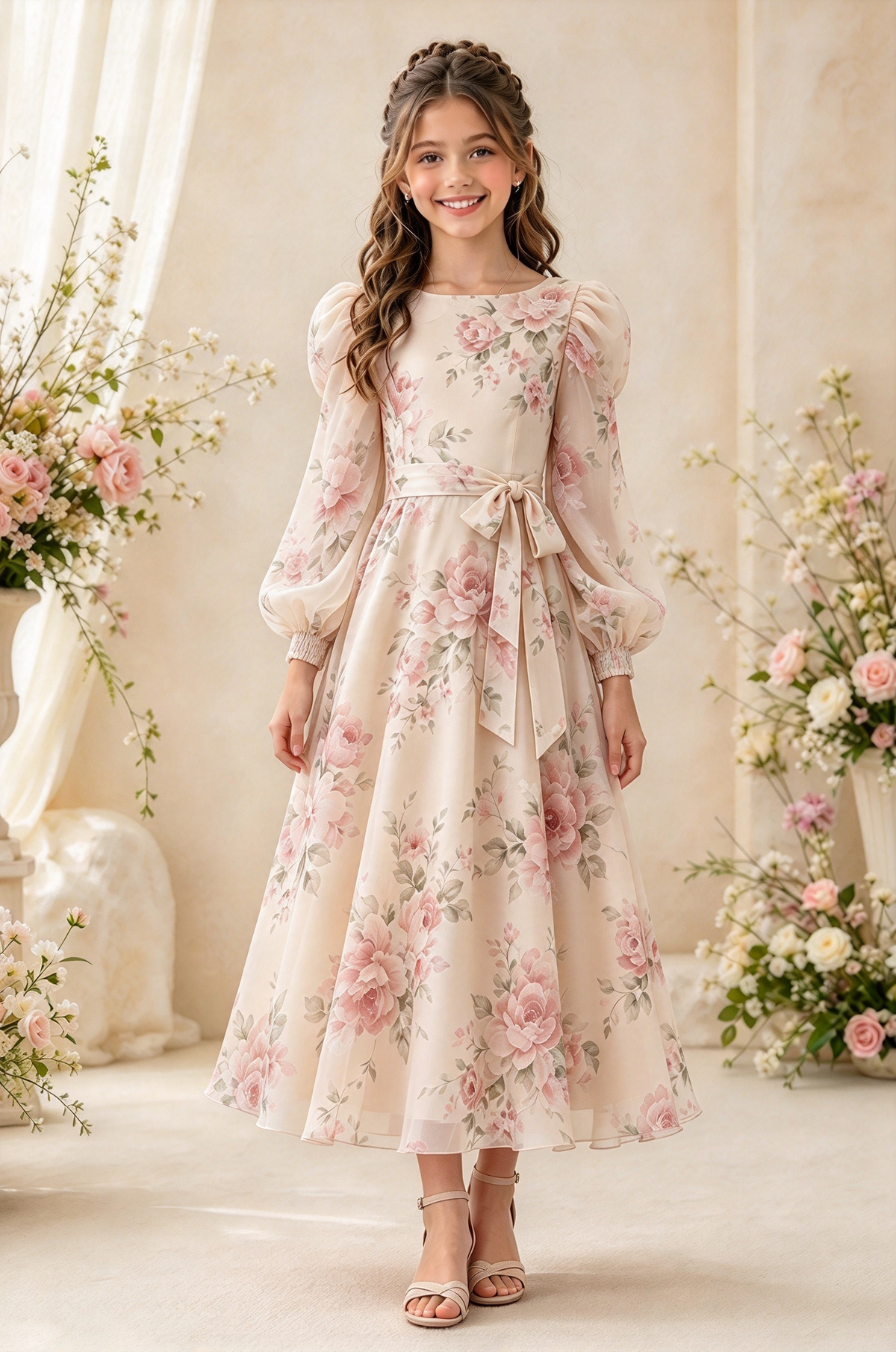 Light Pink Floral Chiffon Long Puff Sleeve A-Line Dress
