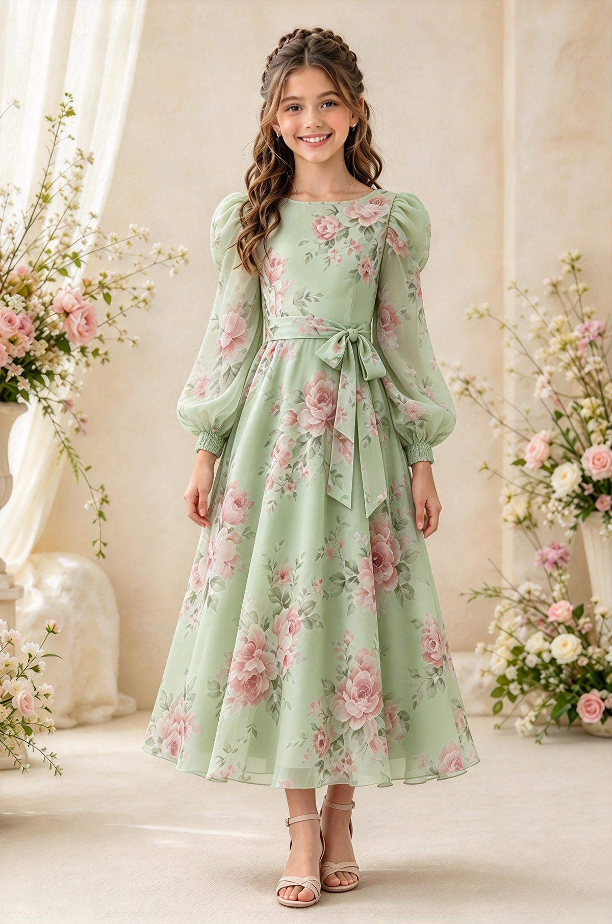 Light Pink Floral Chiffon Long Puff Sleeve A-Line Dress