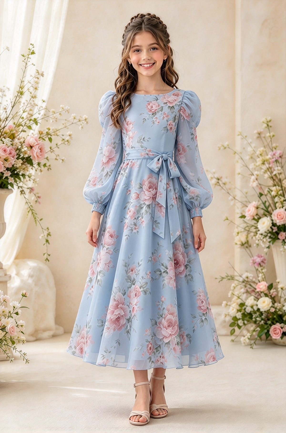 Light Pink Floral Chiffon Long Puff Sleeve A-Line Dress