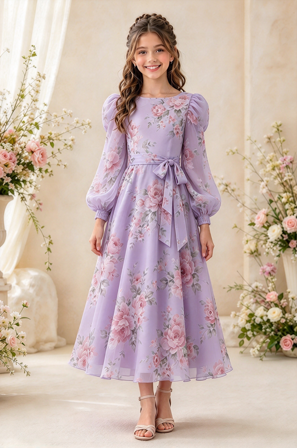 Light Pink Floral Chiffon Long Puff Sleeve A-Line Dress