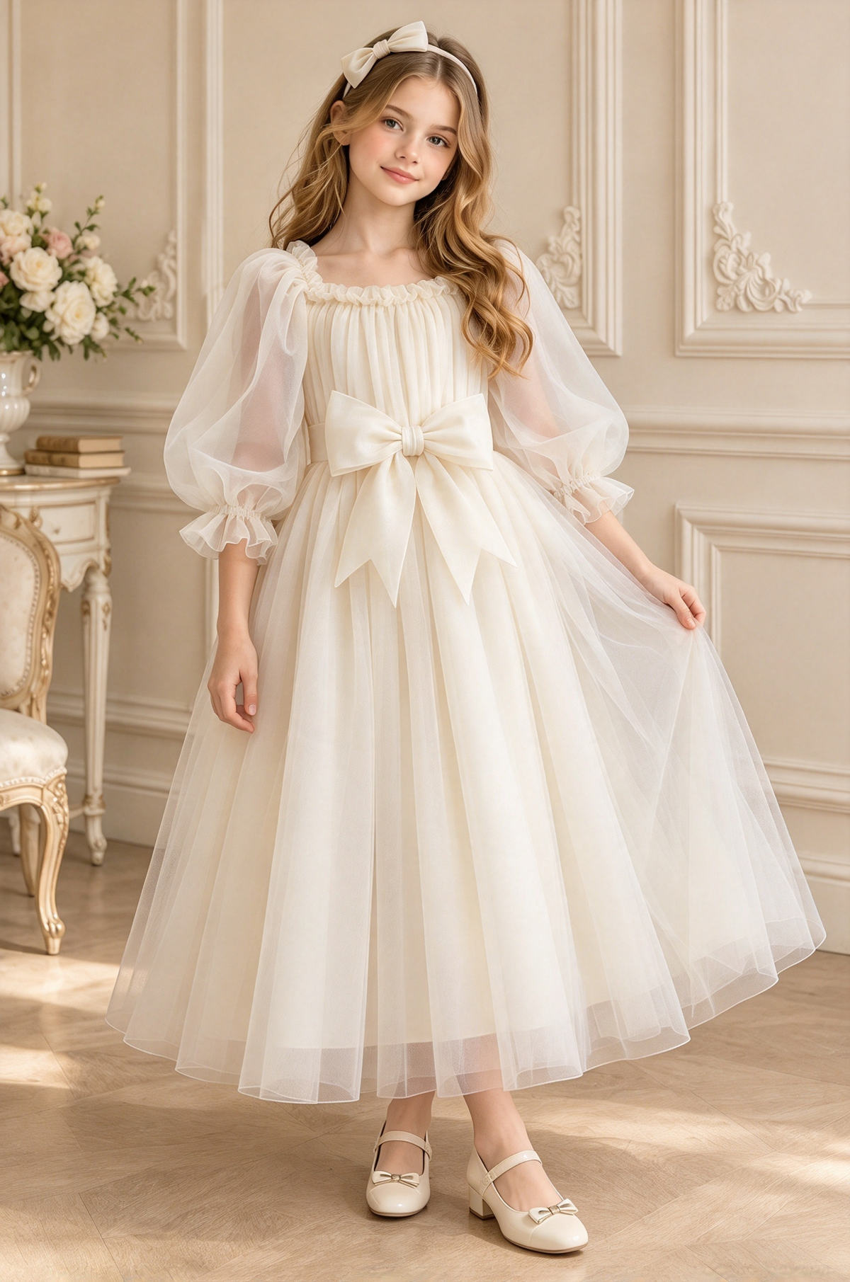 Dusty Lavender Tulle Bow Puff Sleeve A-Line Dress