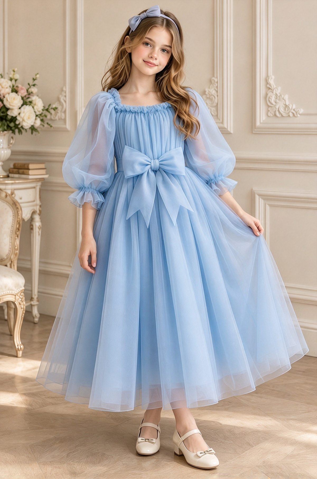 Dusty Lavender Tulle Bow Puff Sleeve A-Line Dress