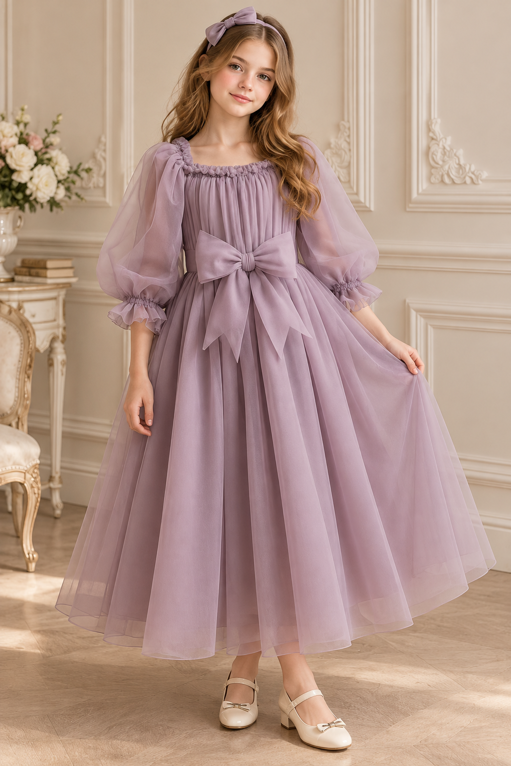 Dusty Lavender Tulle Bow Puff Sleeve A-Line Dress