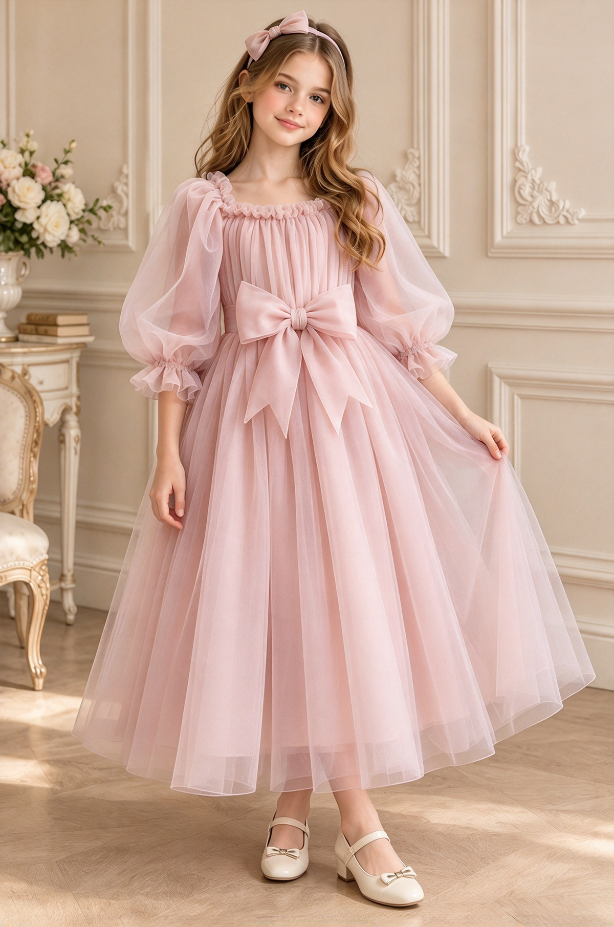 Dusty Lavender Tulle Bow Puff Sleeve A-Line Dress