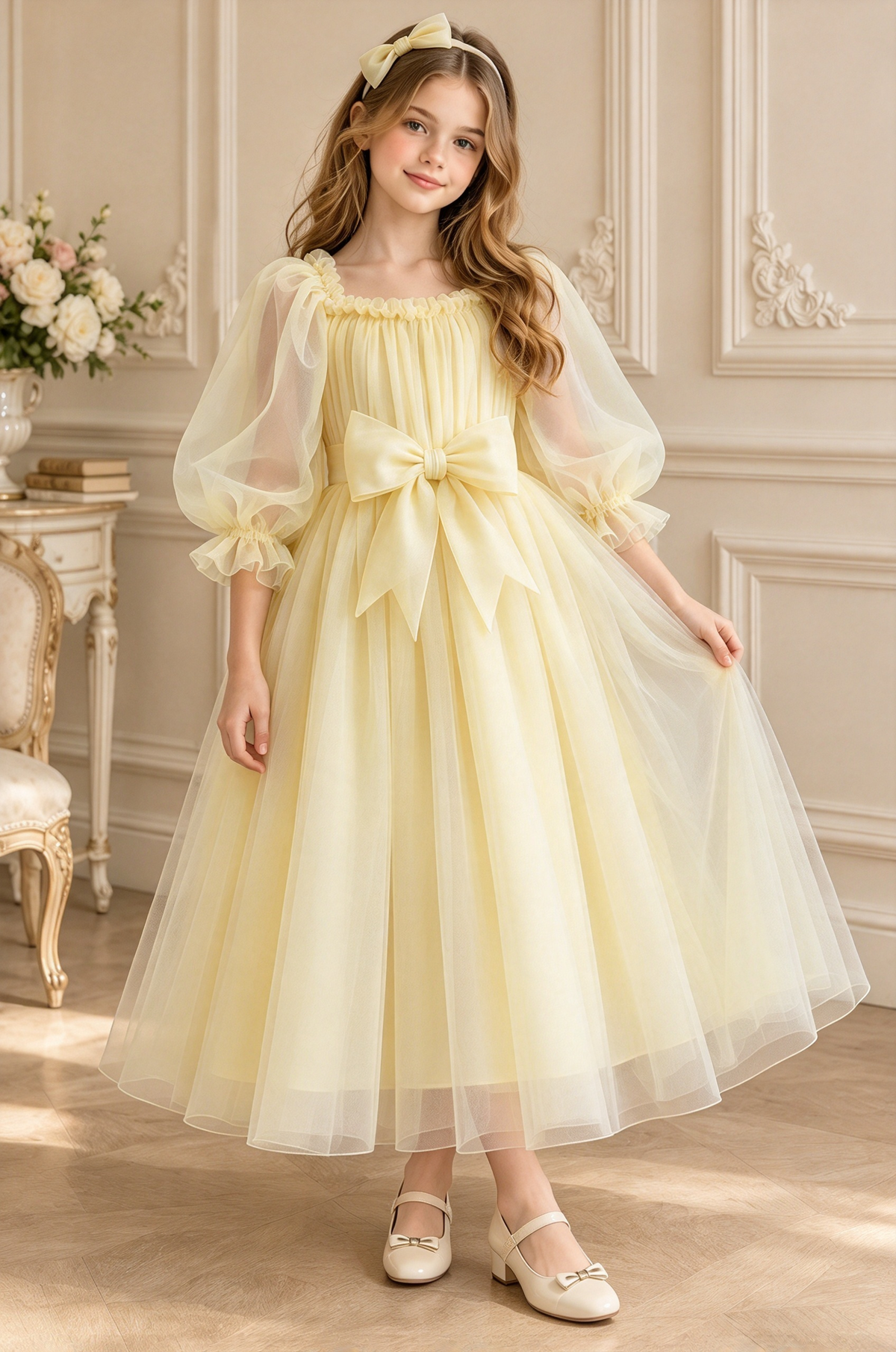 Dusty Lavender Tulle Bow Puff Sleeve A-Line Dress