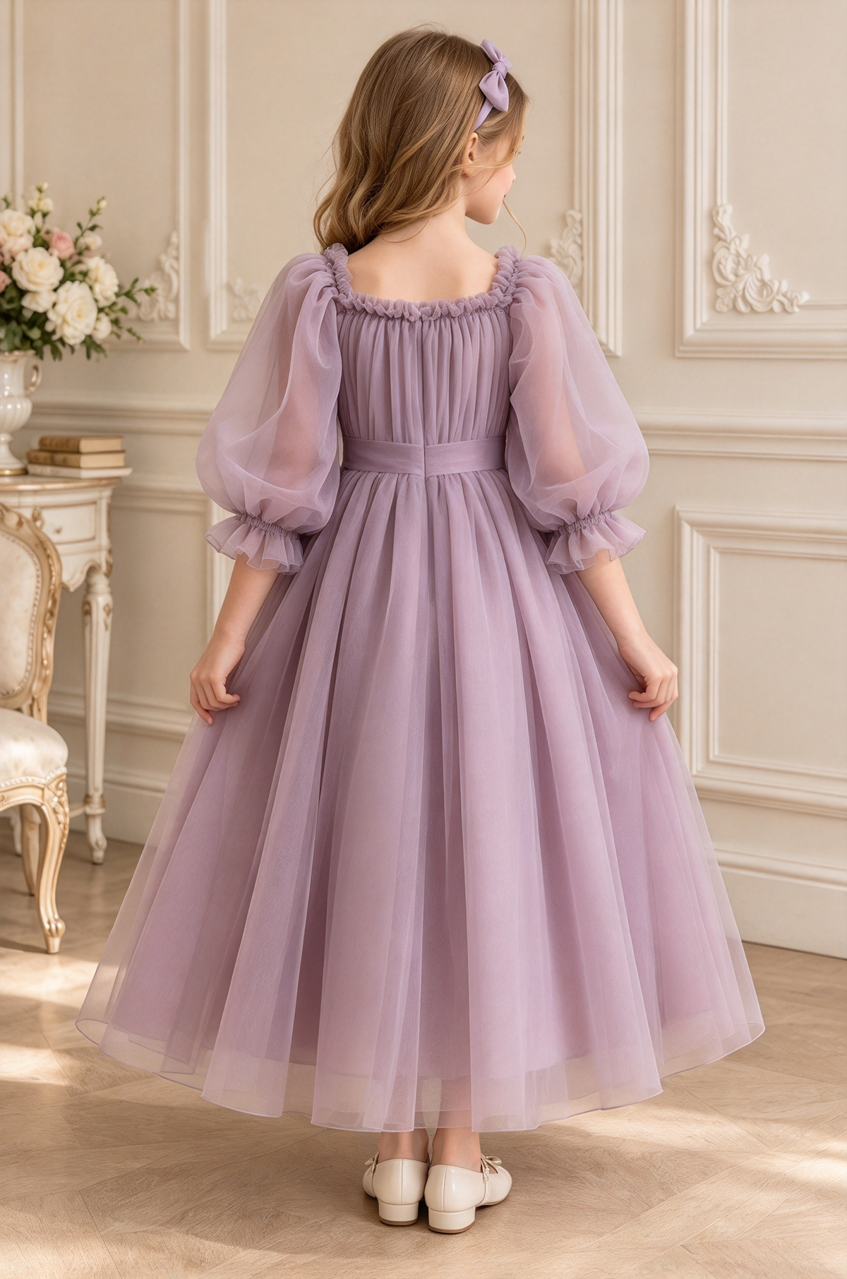 Dusty Lavender Tulle Bow Puff Sleeve A-Line Dress
