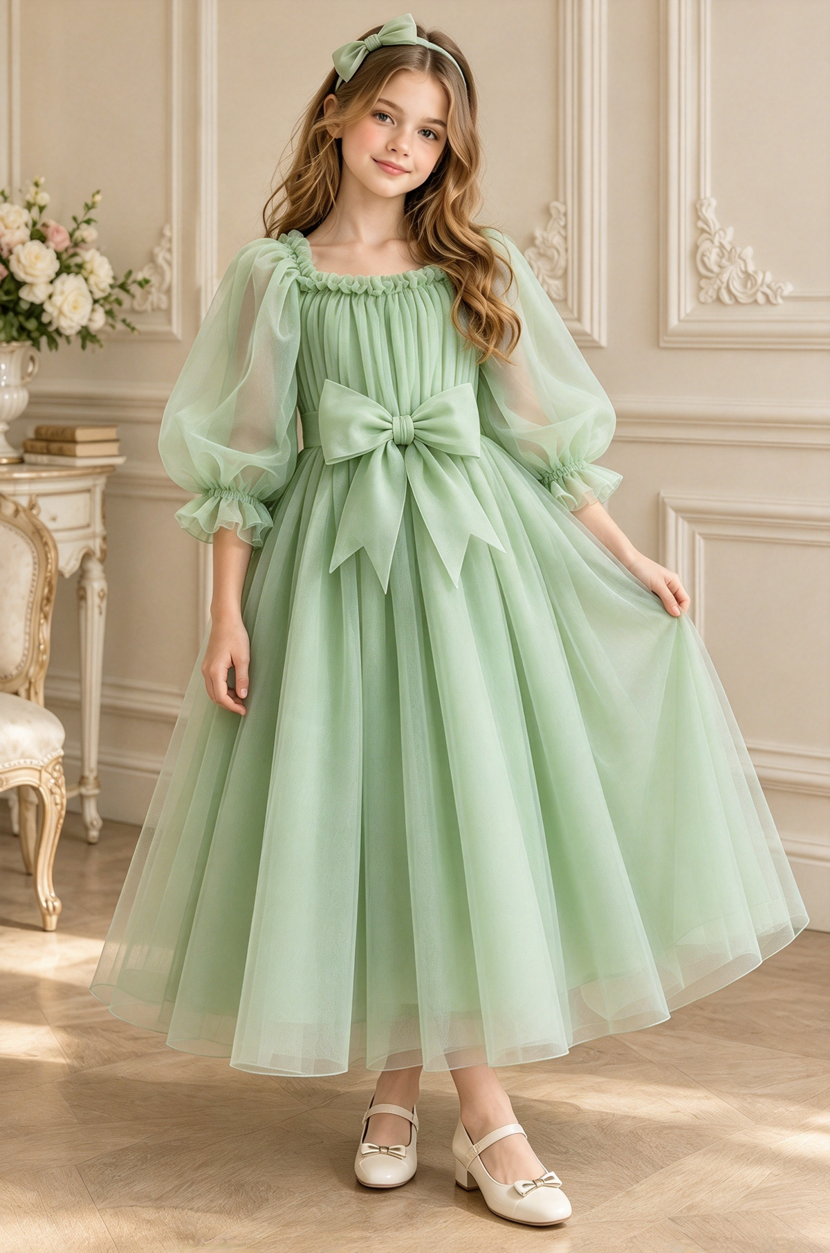 Dusty Lavender Tulle Bow Puff Sleeve A-Line Dress