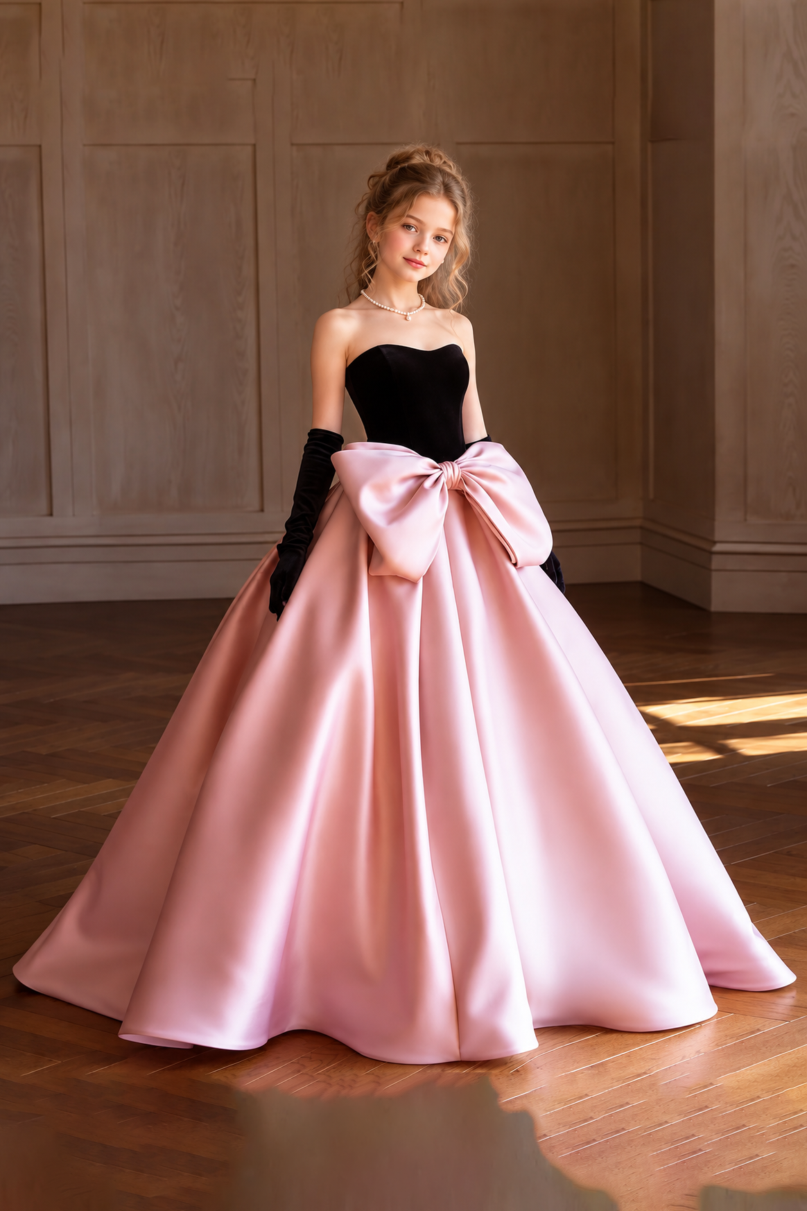 Black Velvet & Pink Satin Ball Big Bow A-Line Dress
