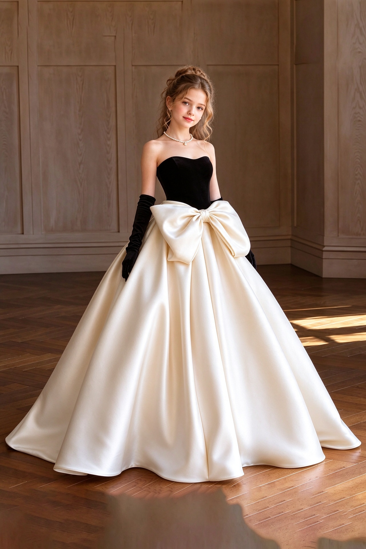 Black Velvet & Pink Satin Ball Big Bow A-Line Dress