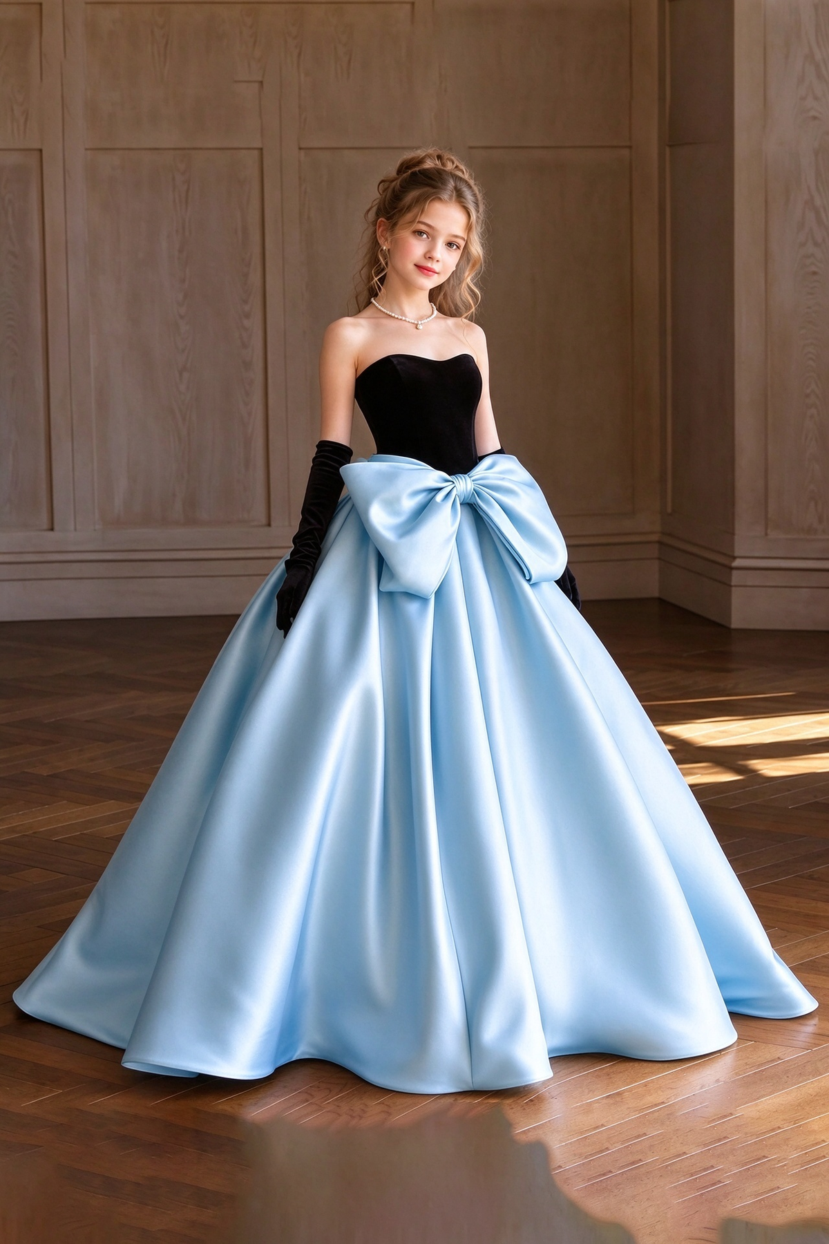 Black Velvet & Pink Satin Ball Big Bow A-Line Dress