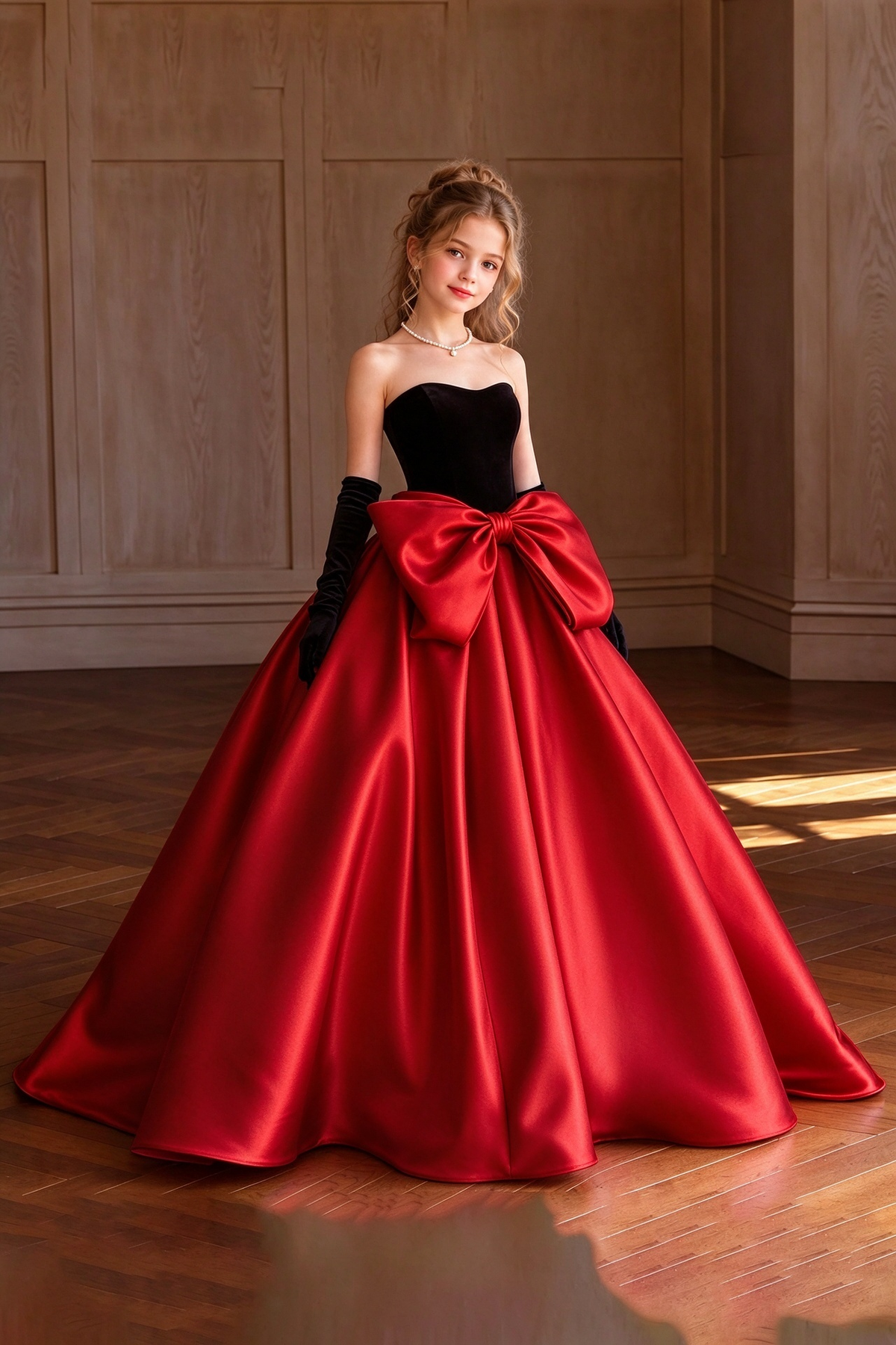Black Velvet & Pink Satin Ball Big Bow A-Line Dress