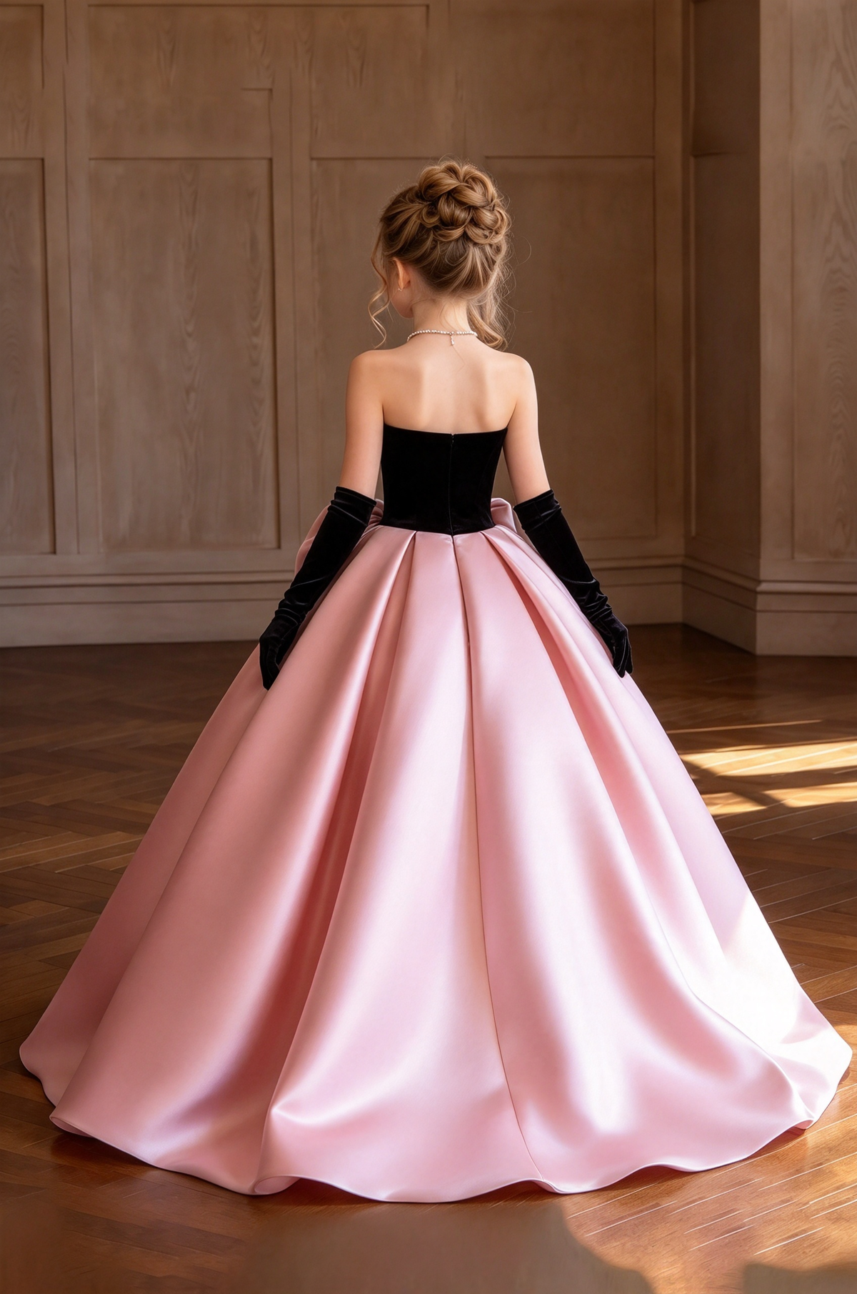 Black Velvet & Pink Satin Ball Big Bow A-Line Dress
