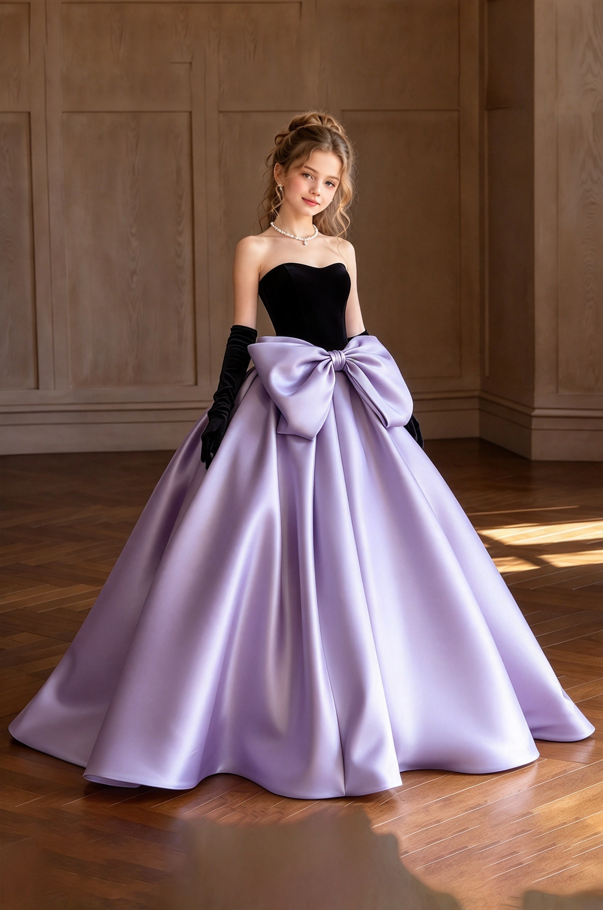 Black Velvet & Pink Satin Ball Big Bow A-Line Dress