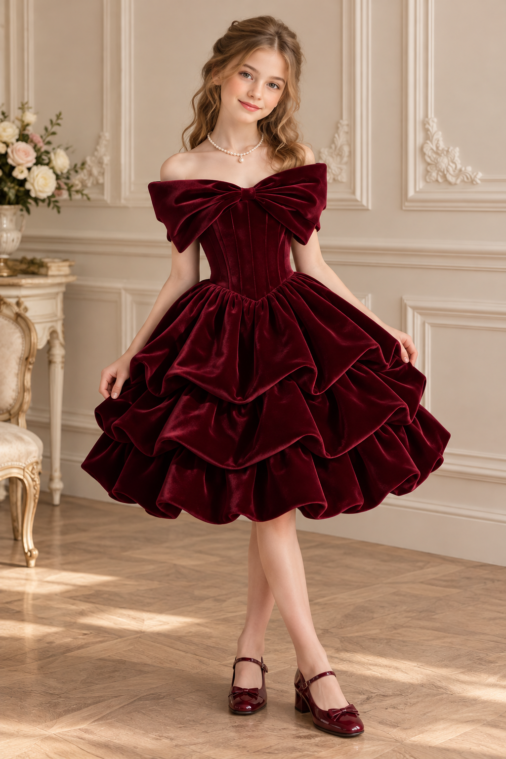 Burgundy Velvet Off Shoulder Big Bow Tiered Cake A-Line Formal Dress