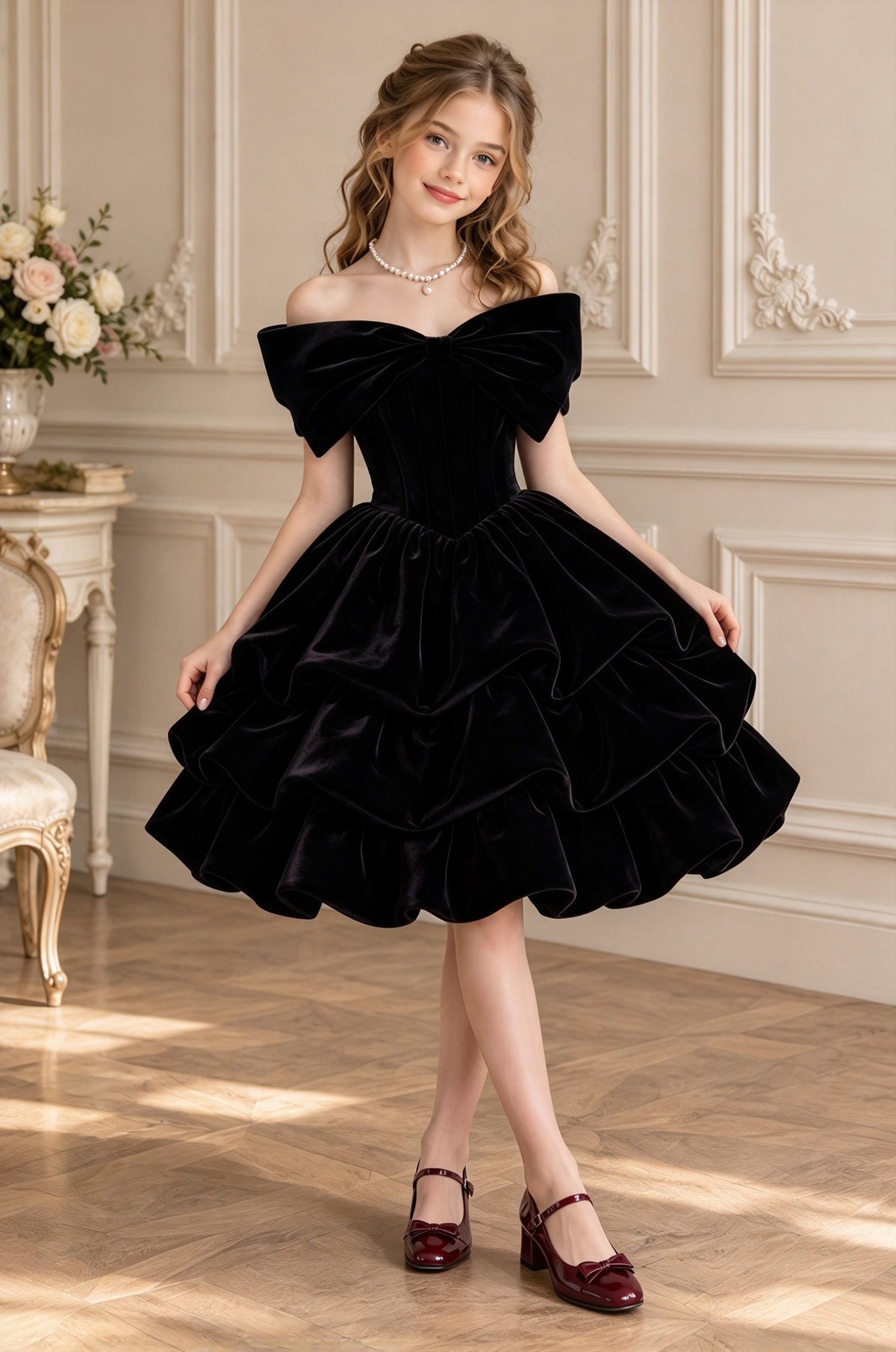 Burgundy Velvet Off Shoulder Big Bow Tiered Cake A-Line Formal Dress