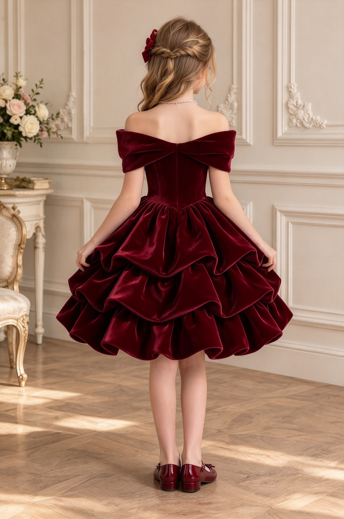 Burgundy Velvet Off Shoulder Big Bow Tiered Cake A-Line Formal Dress