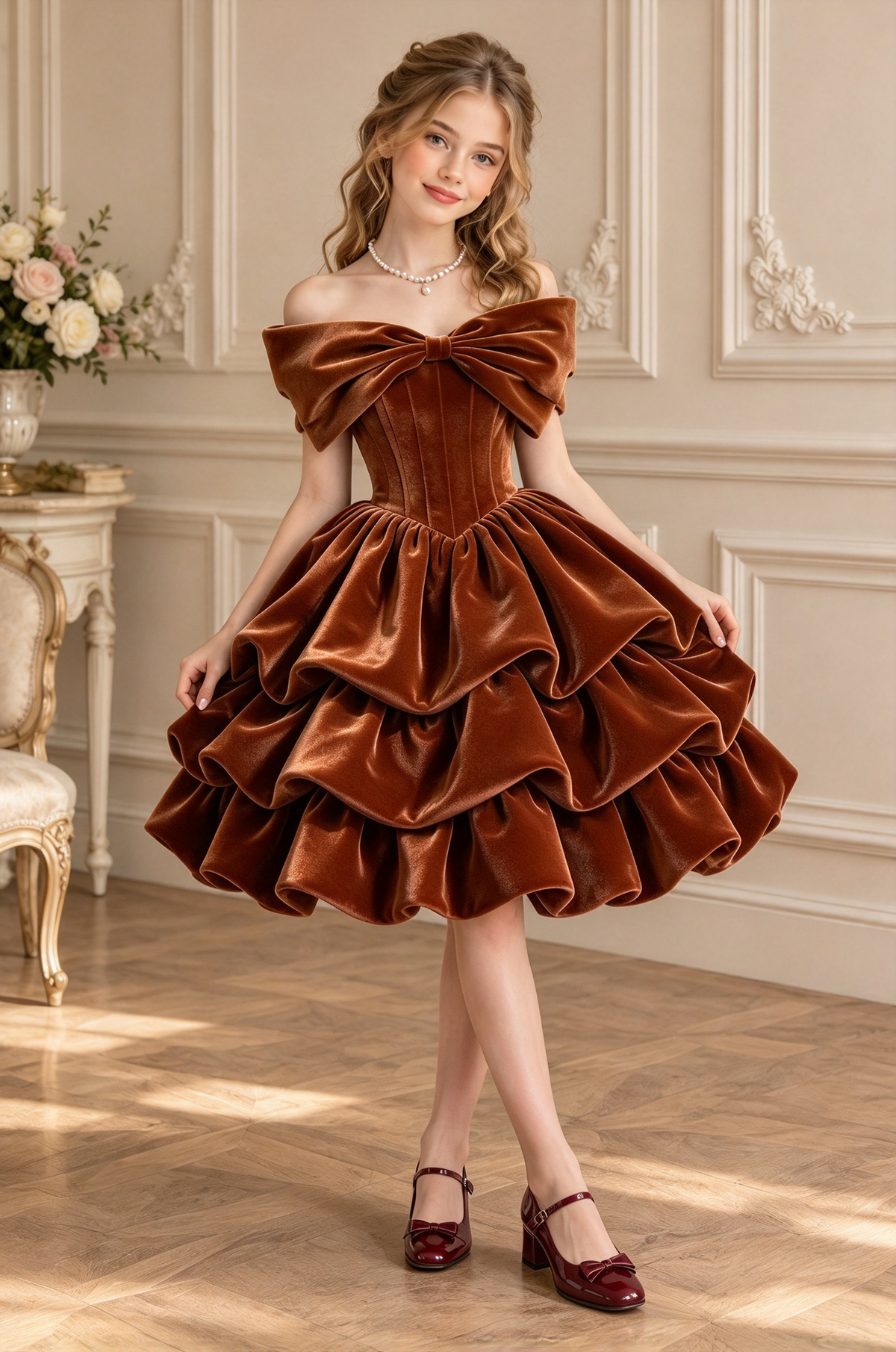 Burgundy Velvet Off Shoulder Big Bow Tiered Cake A-Line Formal Dress