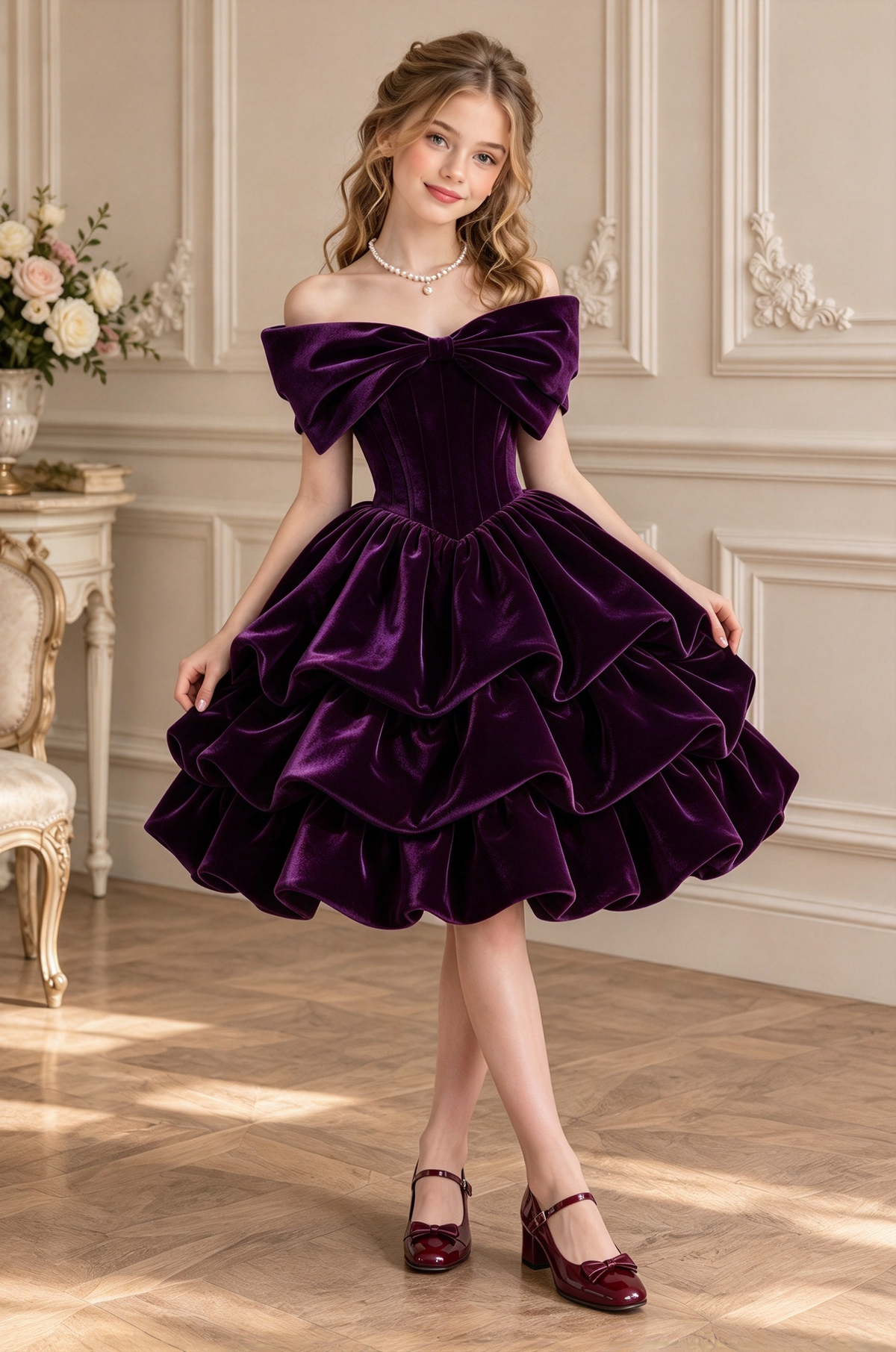Burgundy Velvet Off Shoulder Big Bow Tiered Cake A-Line Formal Dress