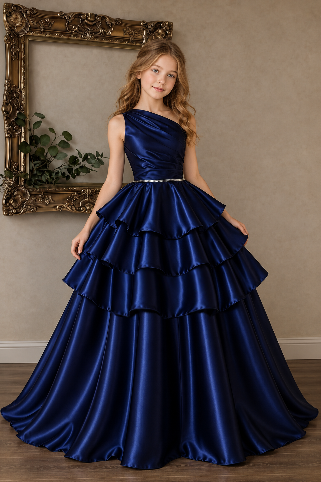 Champagne Satin One Shoulder Tiered Cake A-Line Formal Dress