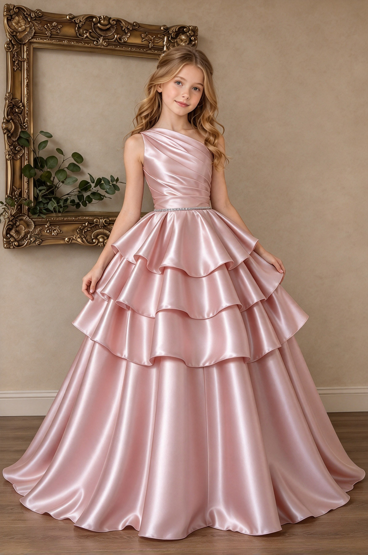 Champagne Satin One Shoulder Tiered Cake A-Line Formal Dress
