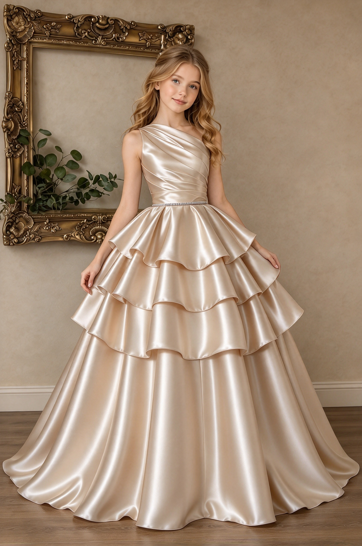 Champagne Satin One Shoulder Tiered Cake A-Line Formal Dress