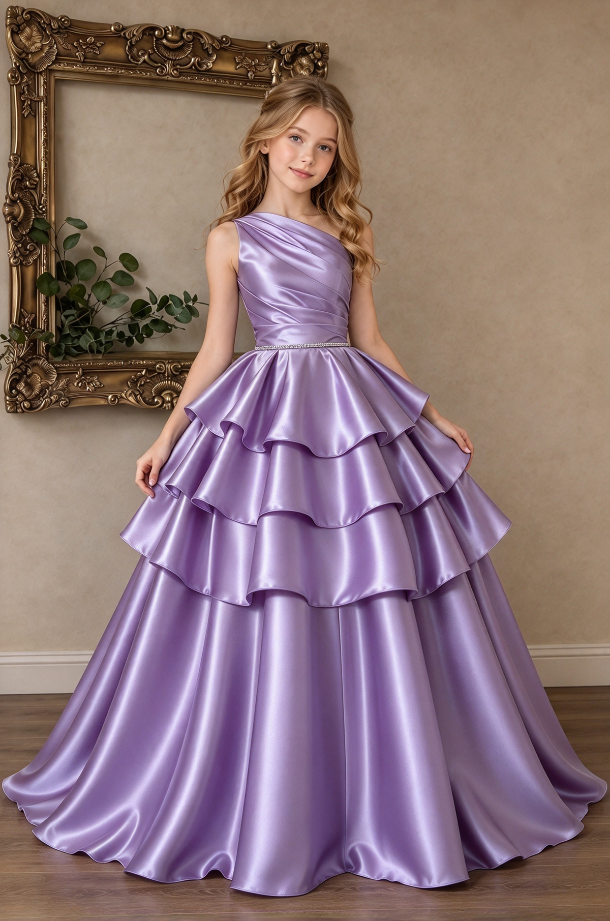 Champagne Satin One Shoulder Tiered Cake A-Line Formal Dress