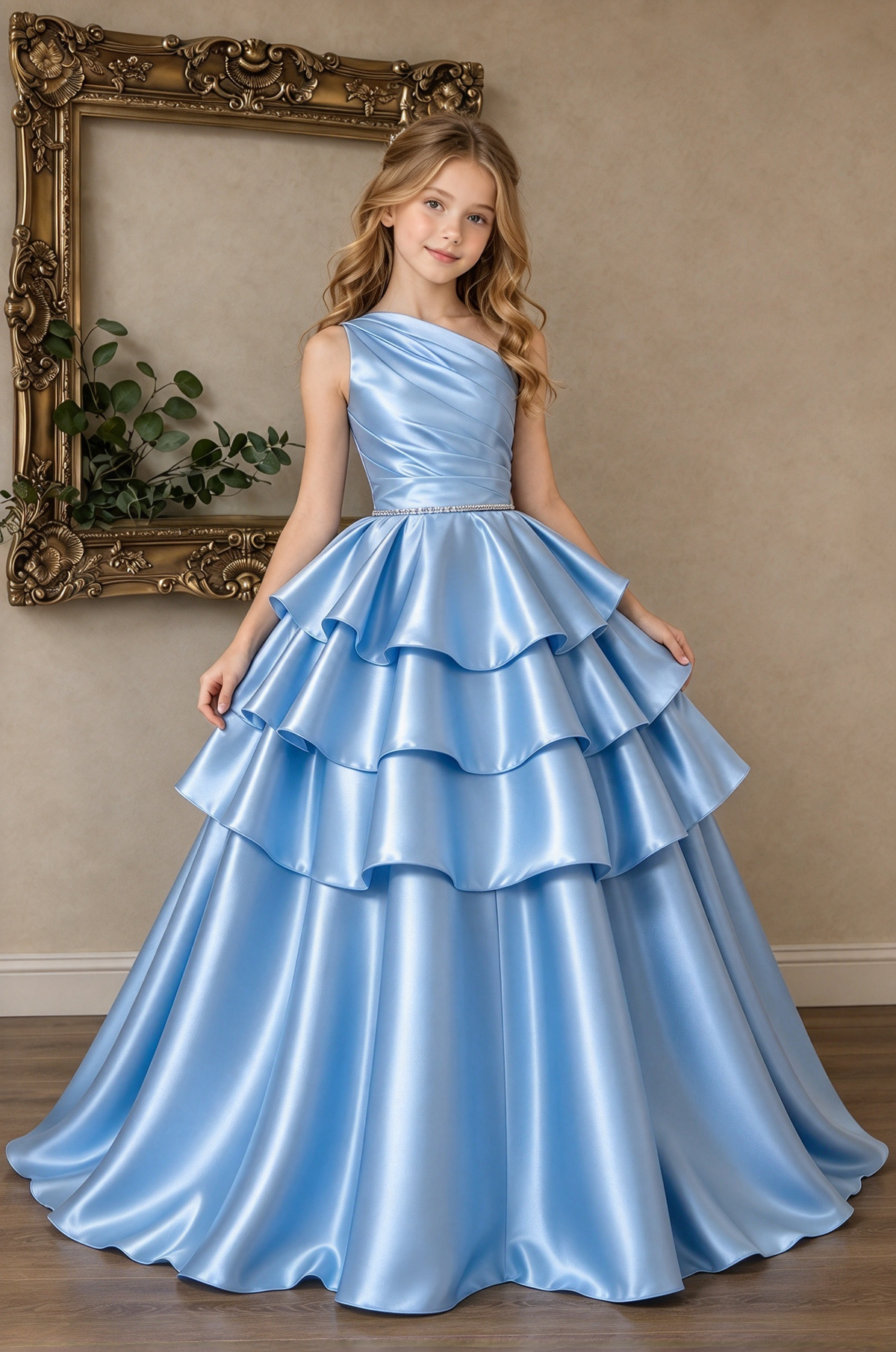 Champagne Satin One Shoulder Tiered Cake A-Line Formal Dress