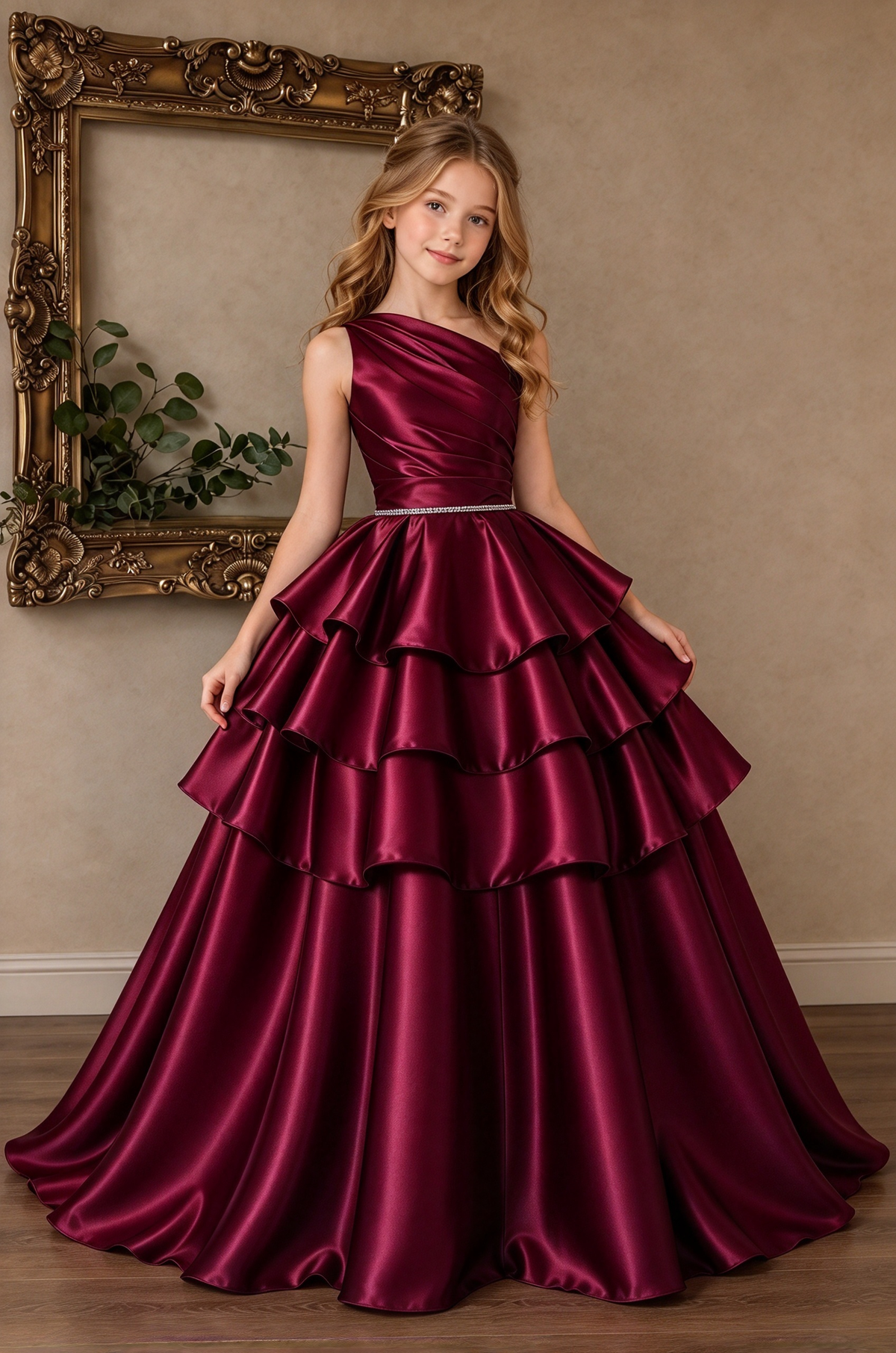 Champagne Satin One Shoulder Tiered Cake A-Line Formal Dress