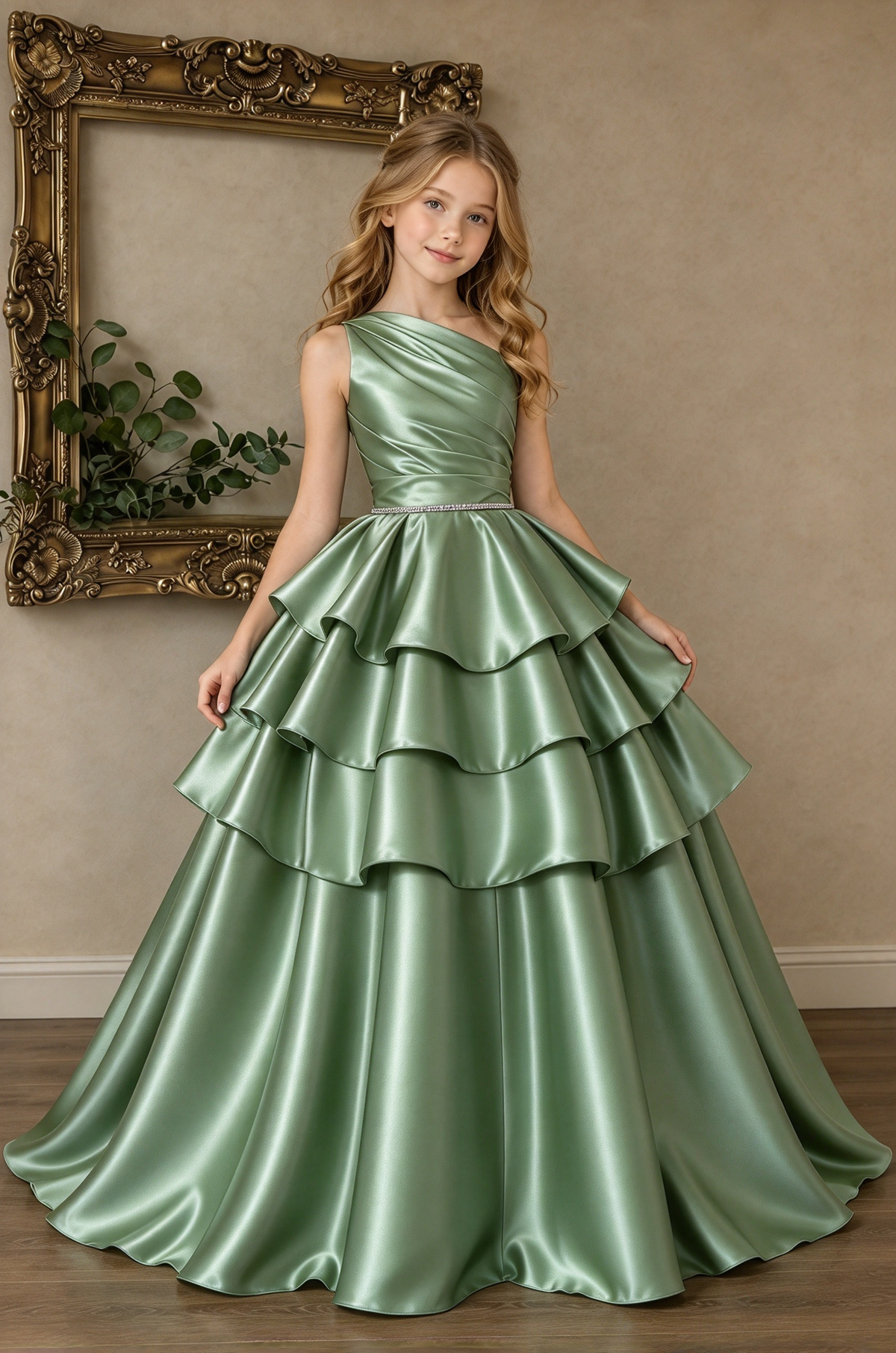 Champagne Satin One Shoulder Tiered Cake A-Line Formal Dress