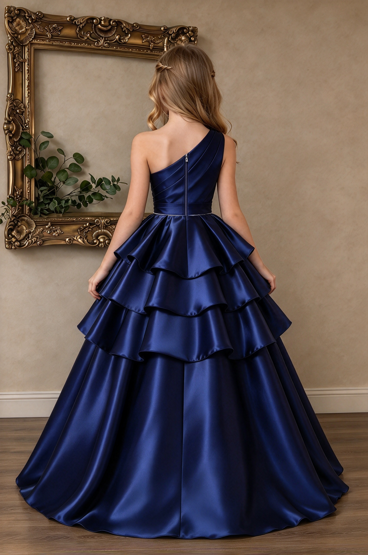 Champagne Satin One Shoulder Tiered Cake A-Line Formal Dress