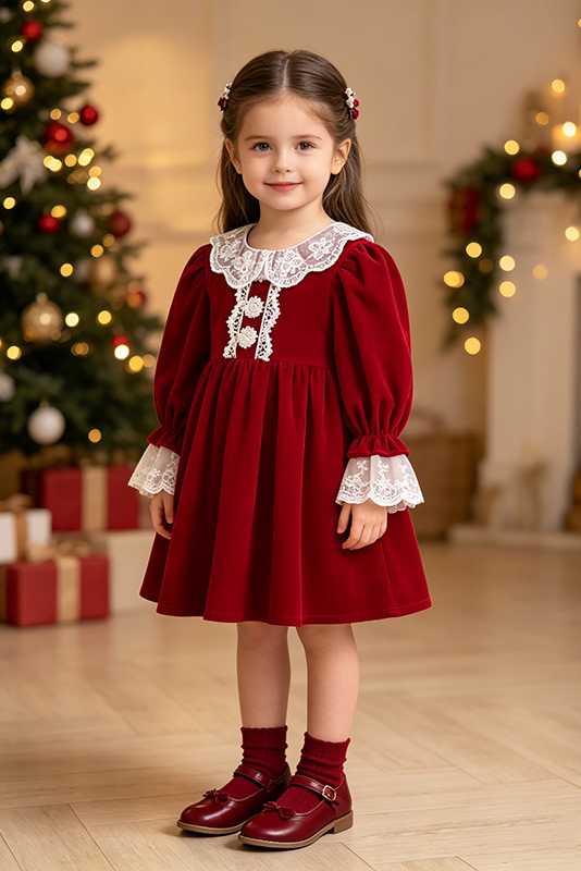 Caramel Velvet Girls Long Sleeve Lace Collar A-Line Dress