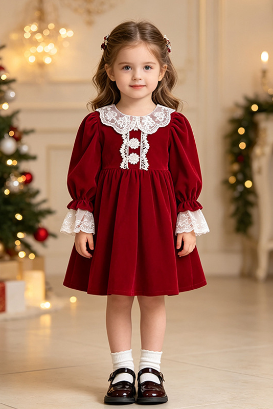 Caramel Velvet Girls Long Sleeve Lace Collar A-Line Dress