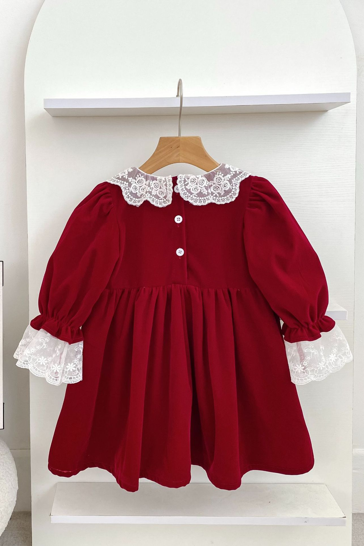 Caramel Velvet Girls Long Sleeve Lace Collar A-Line Dress