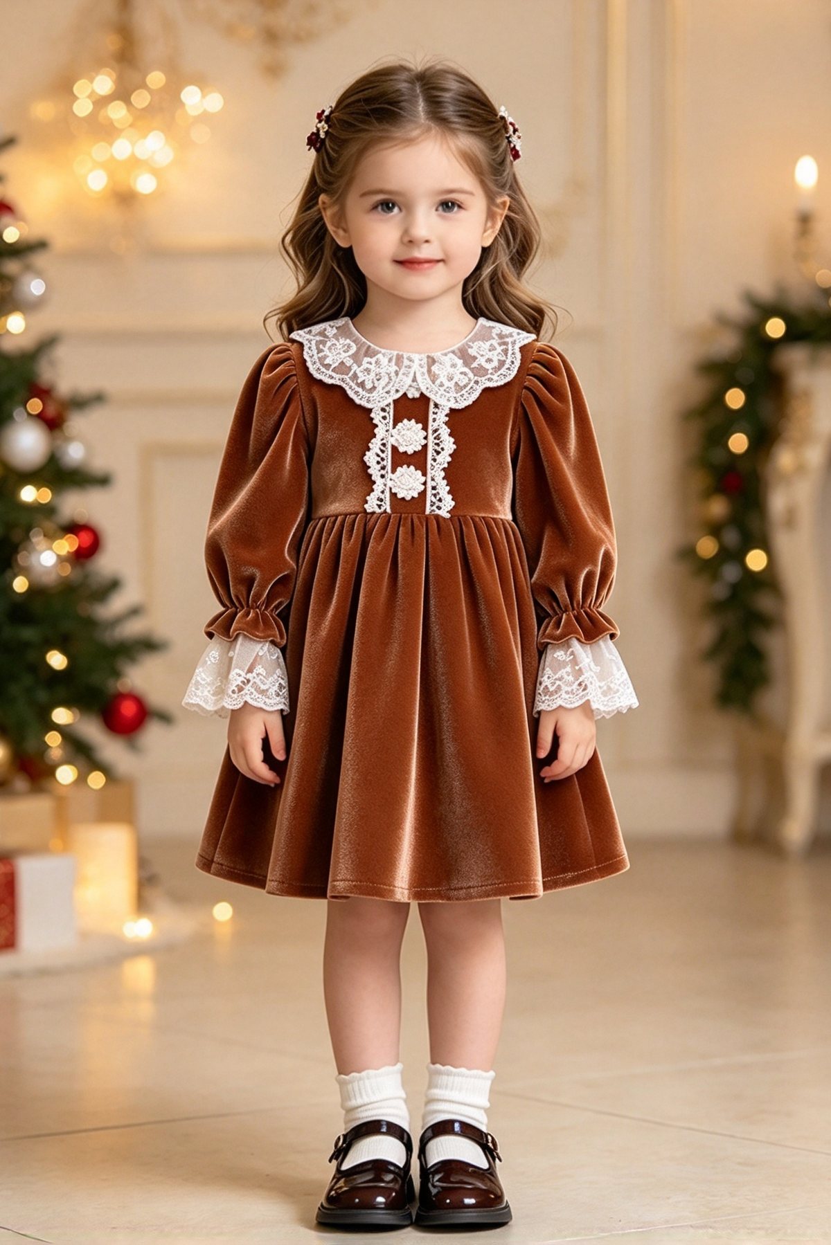 Caramel Velvet Girls Long Sleeve Lace Collar A-Line Dress