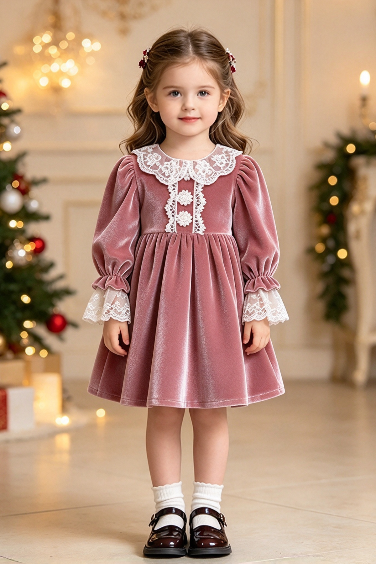 Caramel Velvet Girls Long Sleeve Lace Collar A-Line Dress