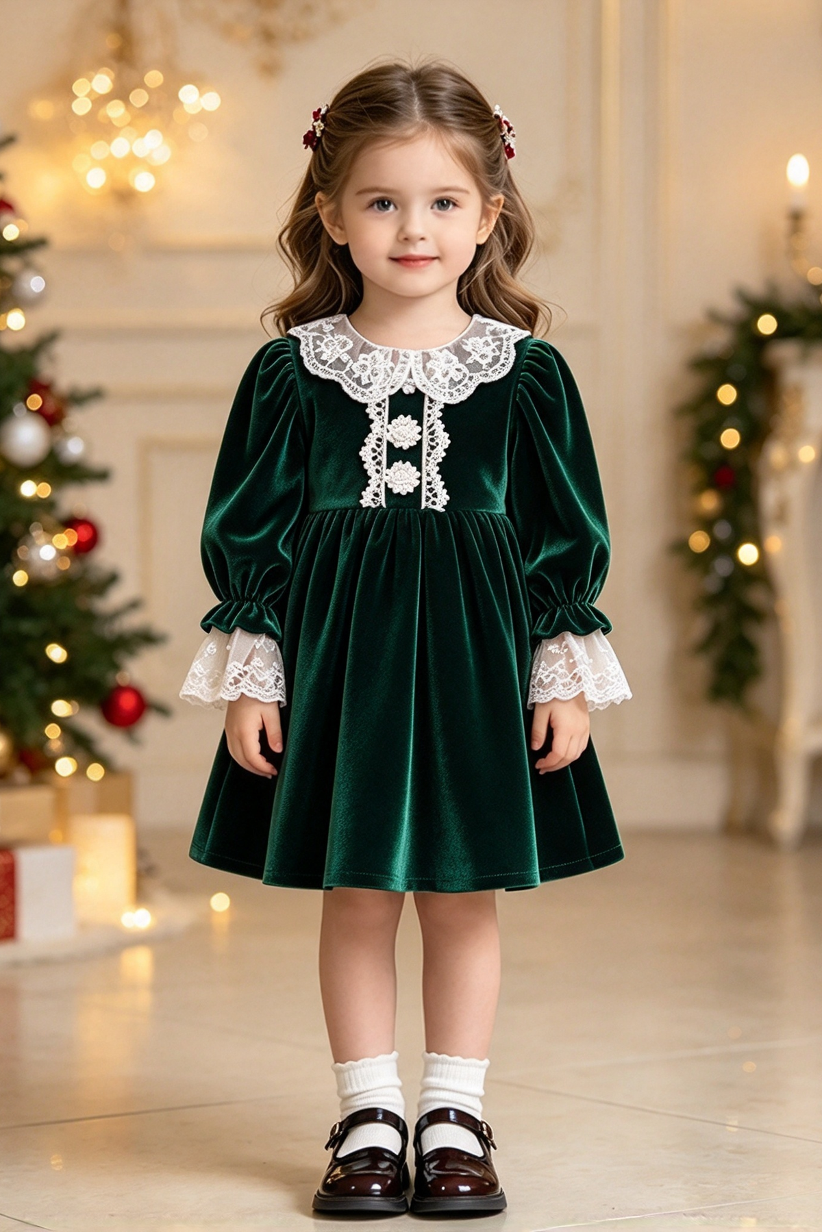 Caramel Velvet Girls Long Sleeve Lace Collar A-Line Dress