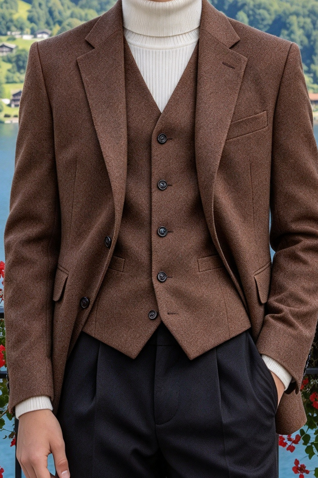 Dark Brown & Black Blend Single Breasted 3 Piece Suit Set