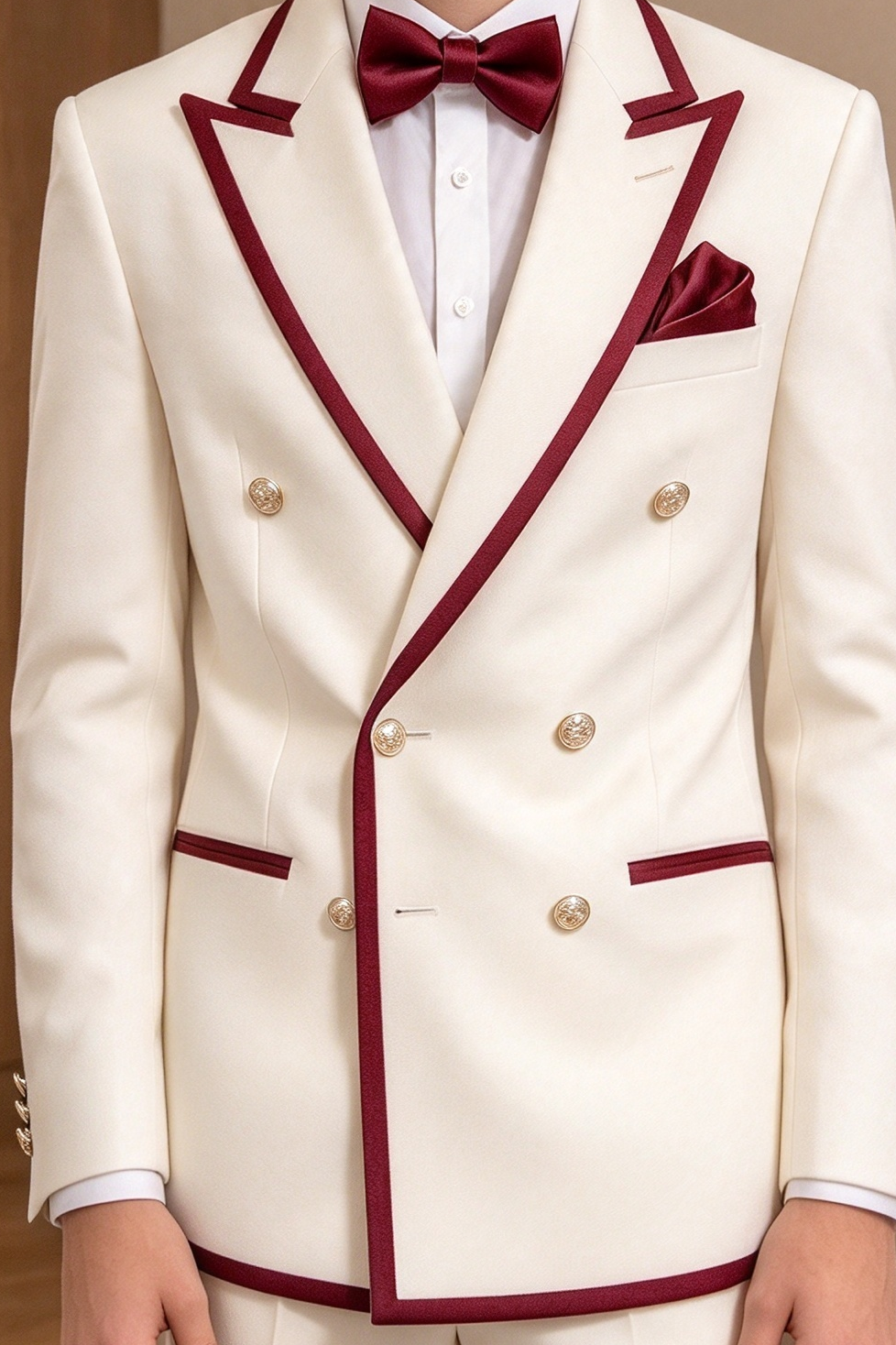 Off White with Burgundy Satin Trim Double Breasted 2 Piece Suit