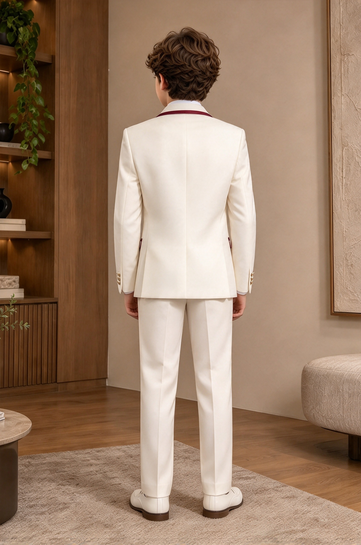 Off White with Burgundy Satin Trim Double Breasted 2 Piece Suit
