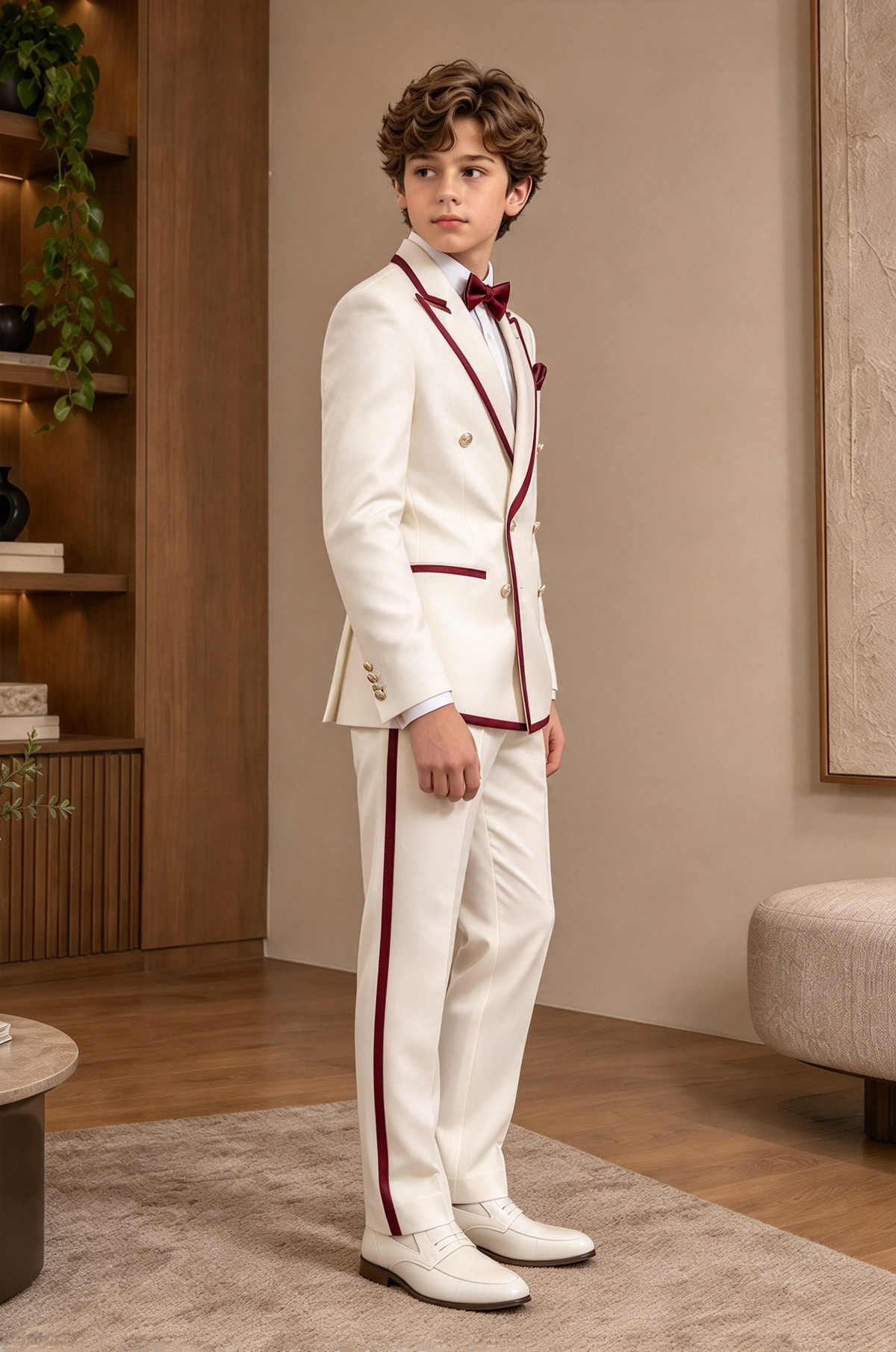 Off White with Burgundy Satin Trim Double Breasted 2 Piece Suit