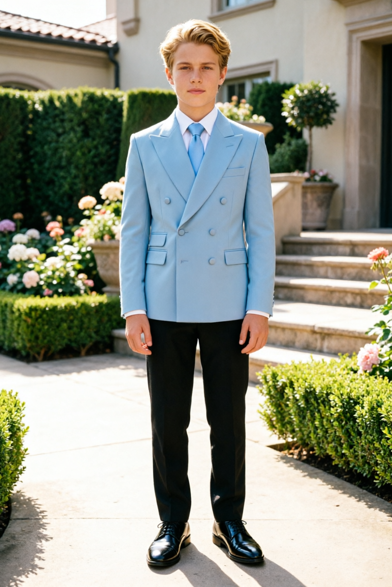 Light Sky Blue & Black Double Breasted Formal 2 Piece Suit