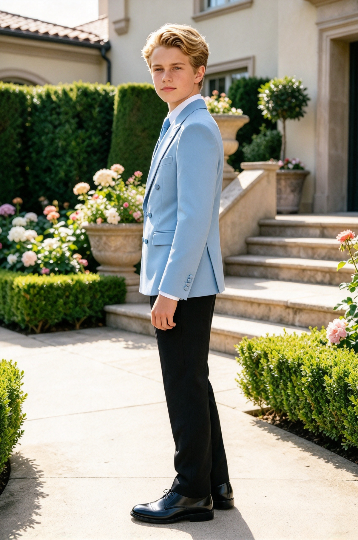 Light Sky Blue & Black Double Breasted Formal 2 Piece Suit